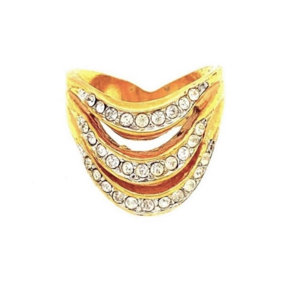 Vintage Unique Gold Statement Ring with Rhinestones, Size 6